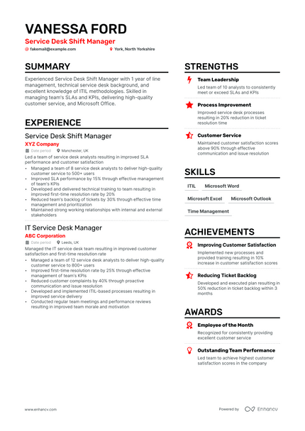 Service Desk Manager resume example