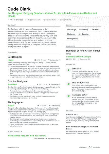 Set Designer resume example