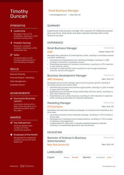 Small Business Manager resume example