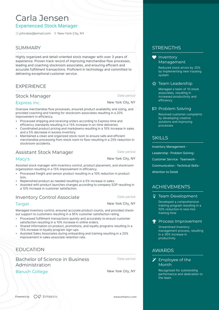 Stock Manager resume example