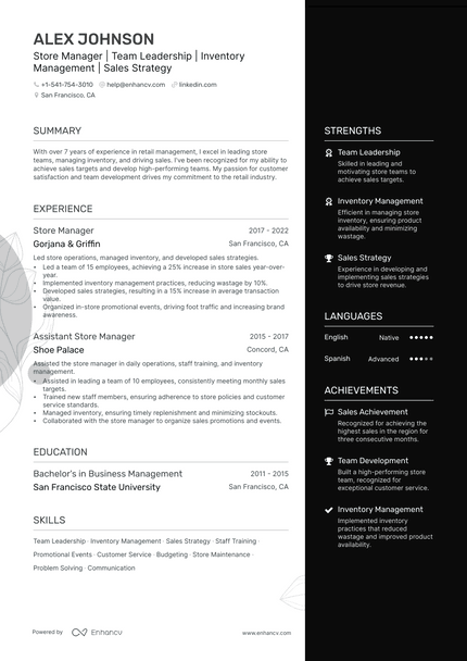 Store Manager resume example