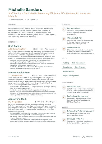 Staff Auditor resume example