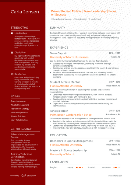 5 Student Athlete Resume Examples - AHR0cHM6Ly9jZG4uZW5oYW5jdi5jb20vcmVzdW1lcy9zdHVkZW50LWF0aGxldGUtcmVzdW1lLnBuZw~~. 