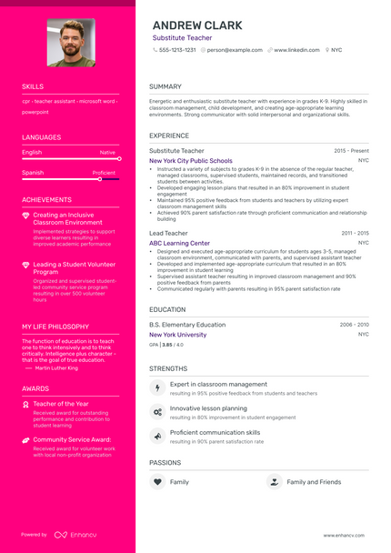 Substitute Teacher resume example