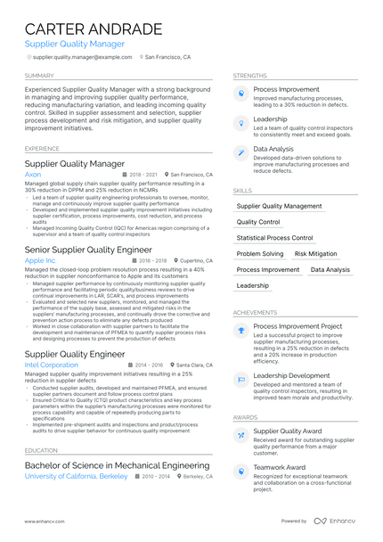 Supplier Quality Manager resume example