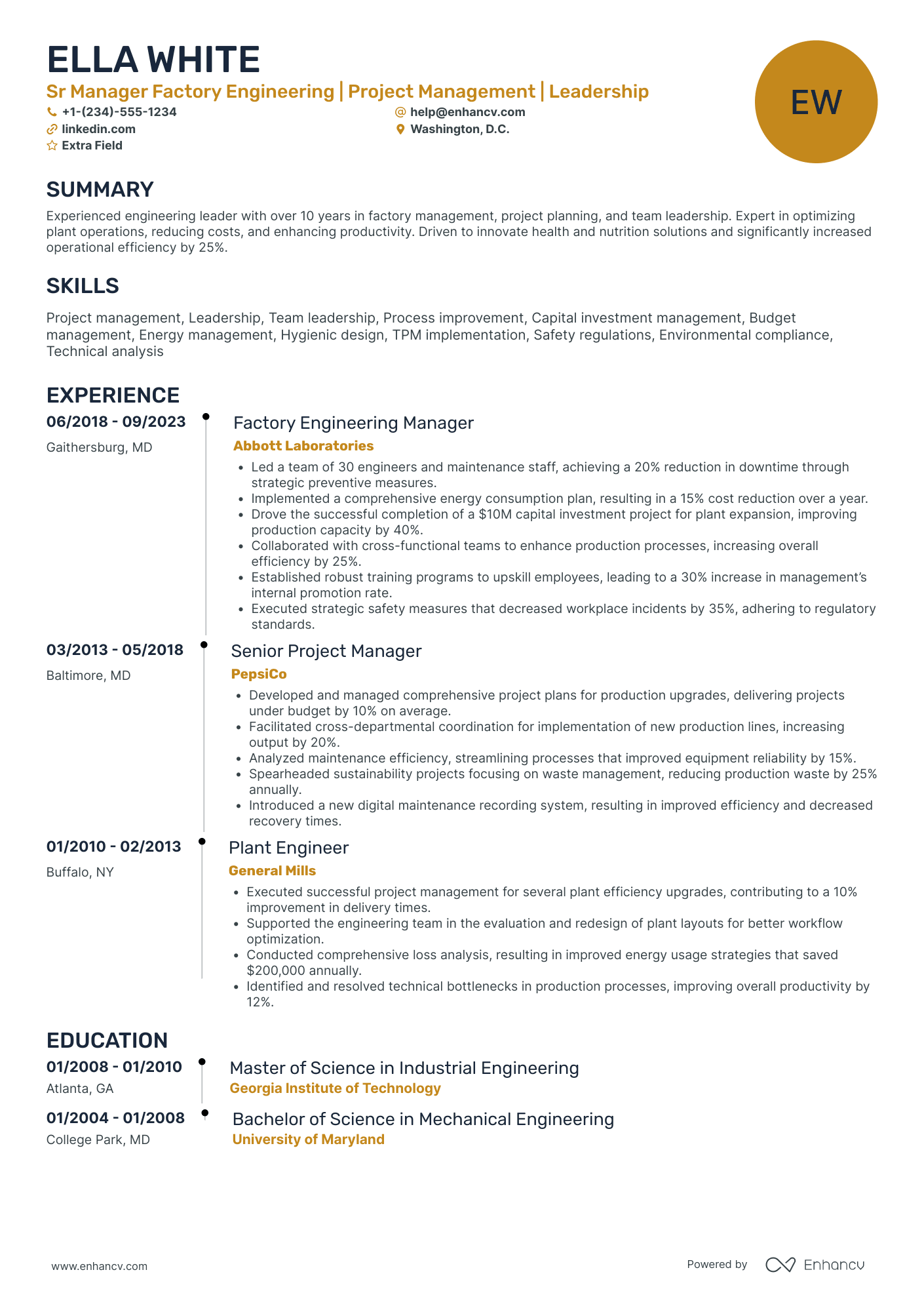 Senior Factory Manager Resume Example