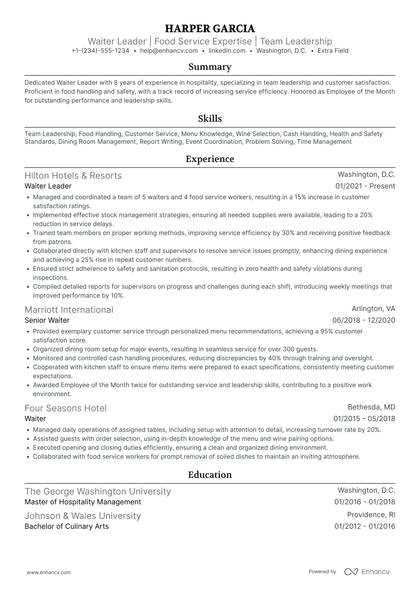 Lead Waiter Resume Example