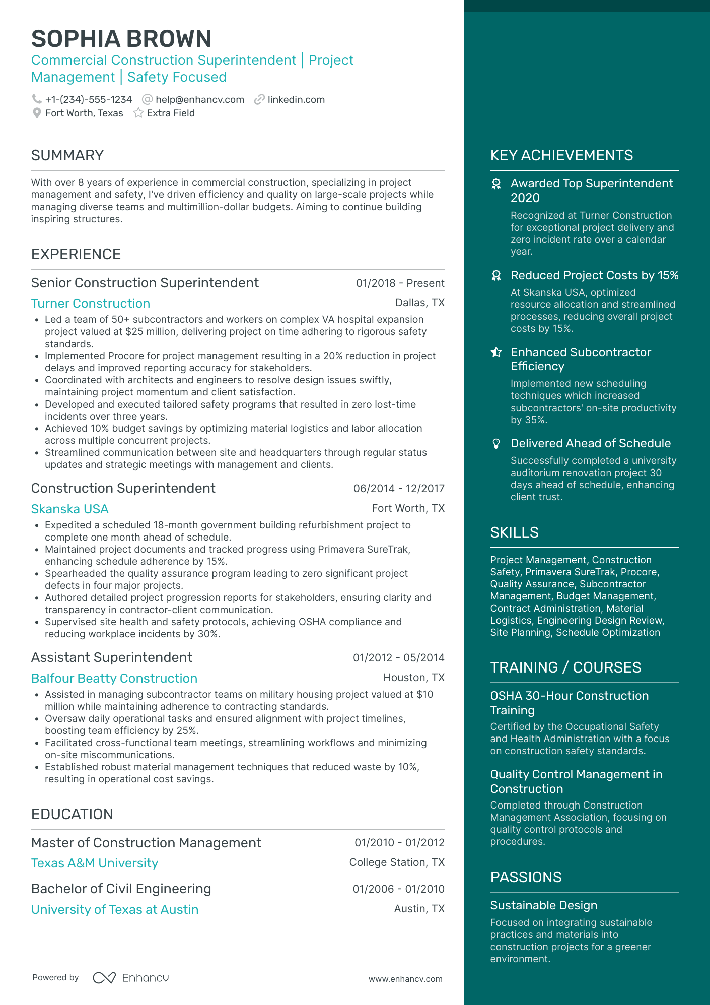 Commercial Construction Superintendent Resume Example