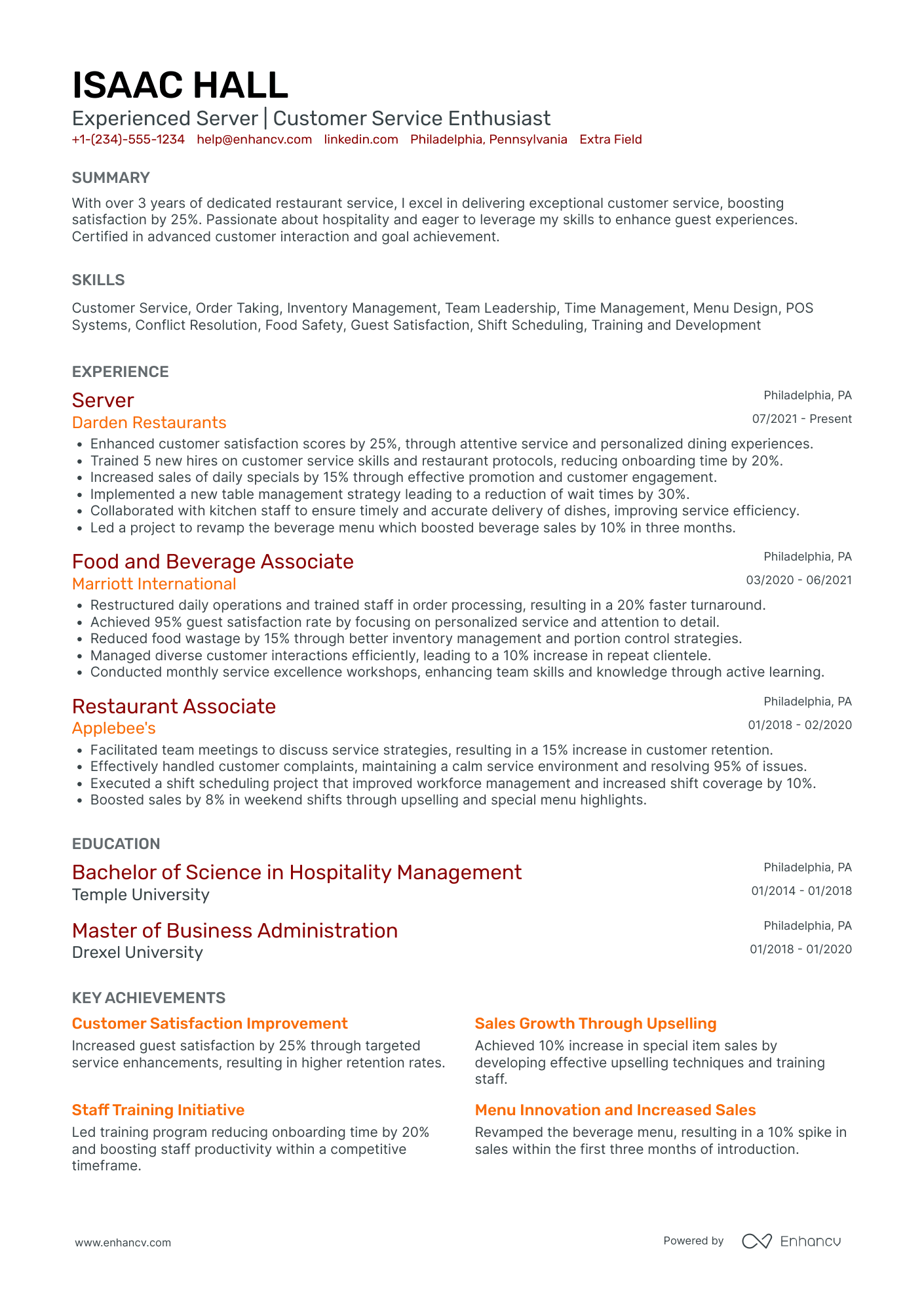 Room Service Waiter Resume Example