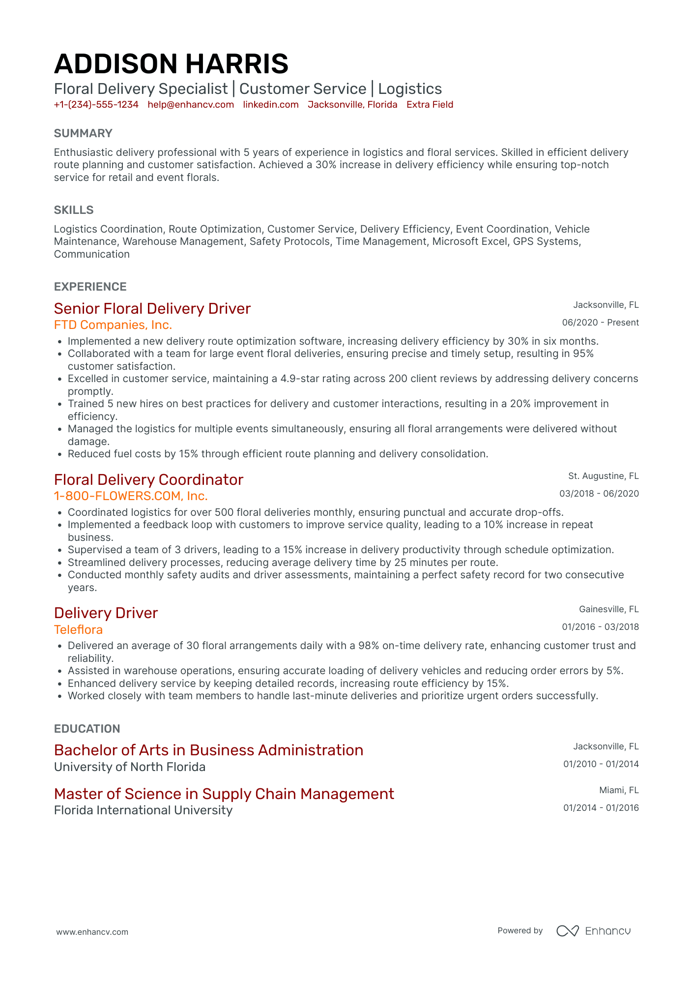 Floral Delivery Driver Resume Example