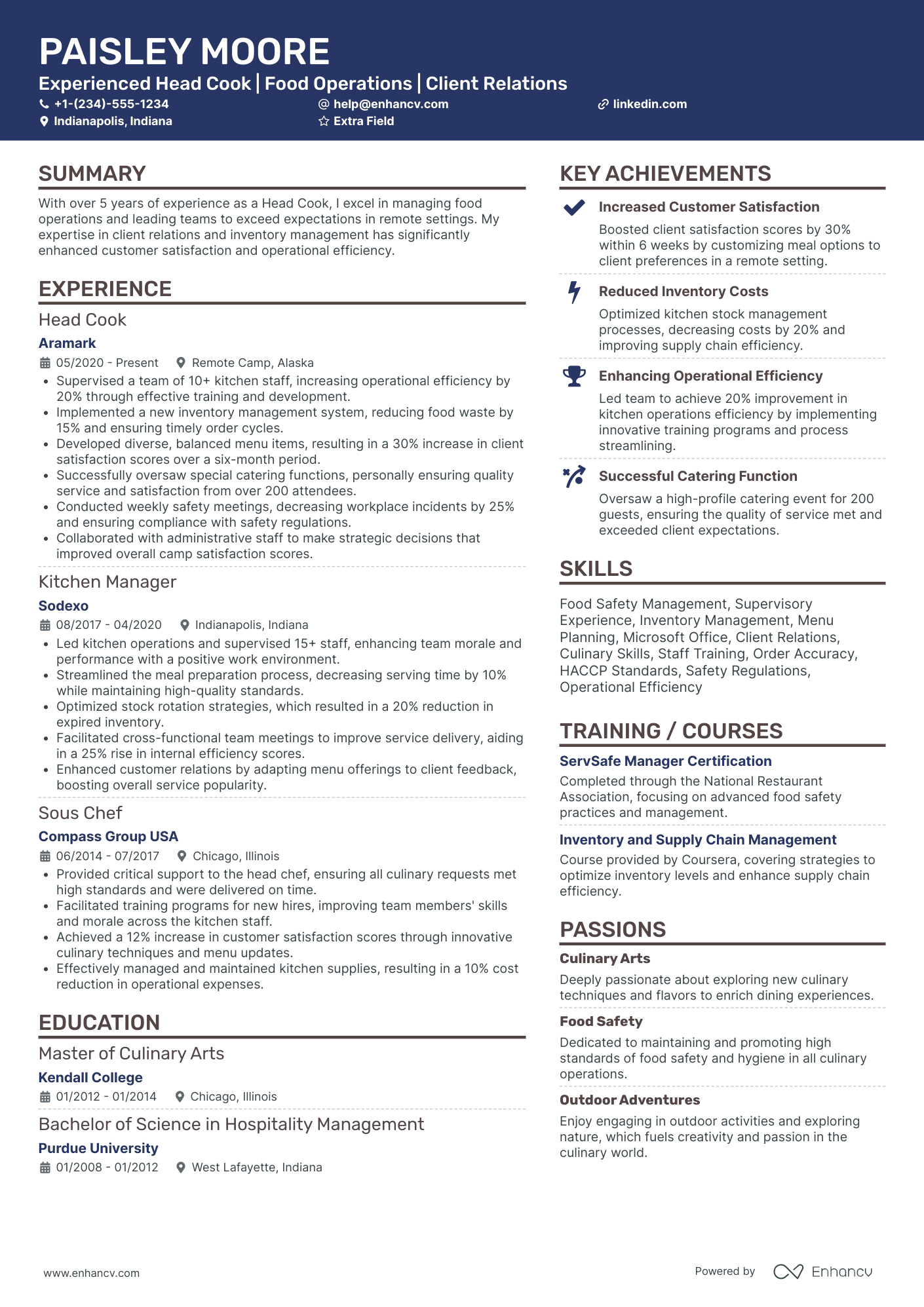 Head Cook Resume Example