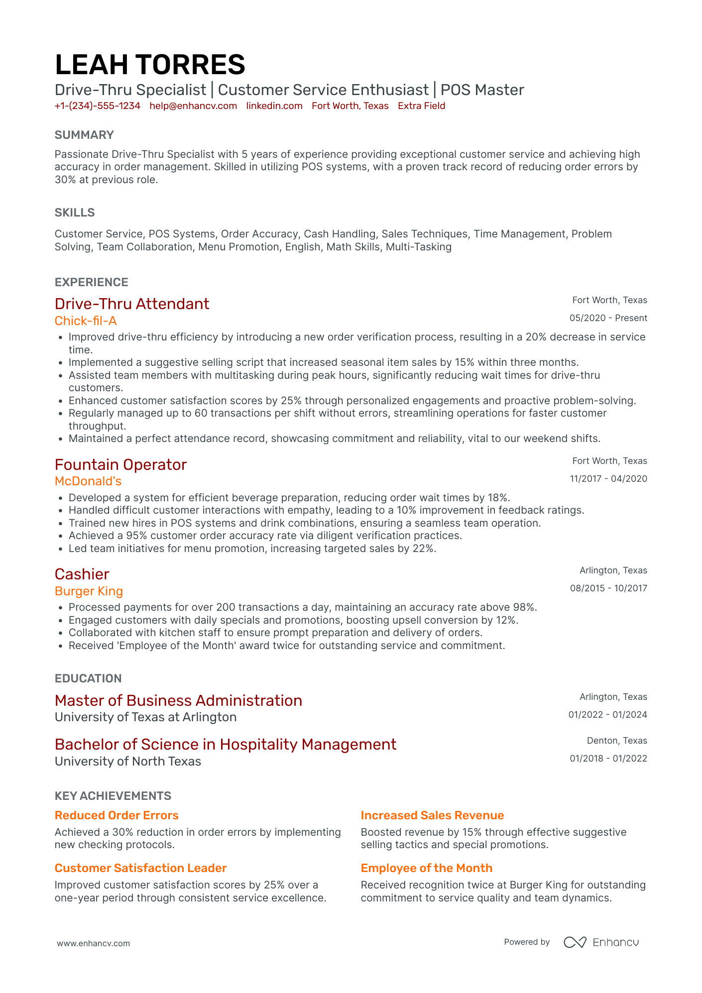 Fast Food Drive Thru Attendant Resume Example