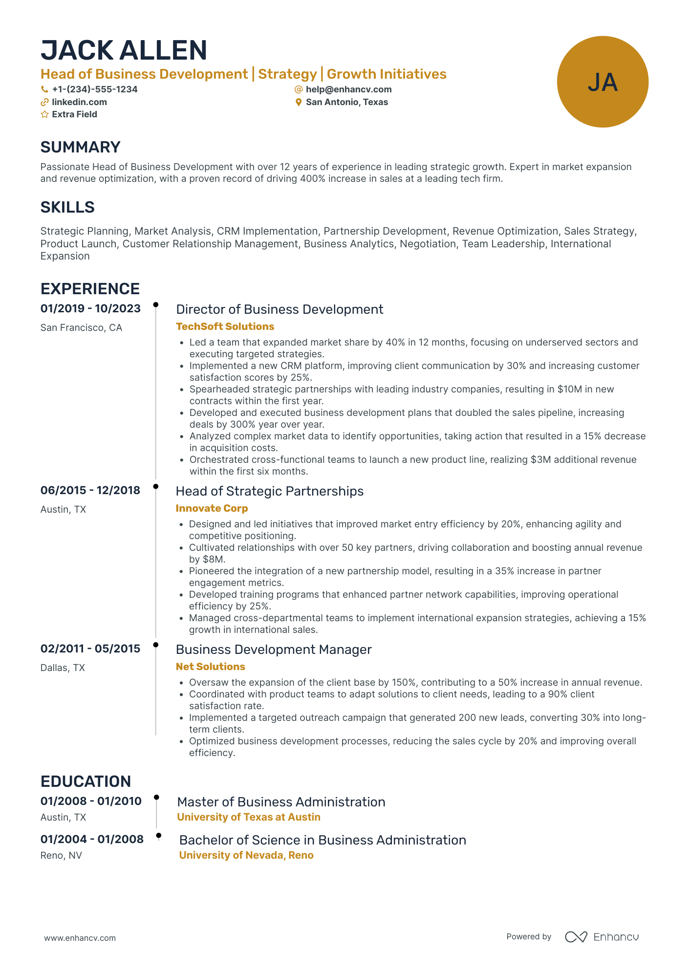 Head of Business Development Resume Example