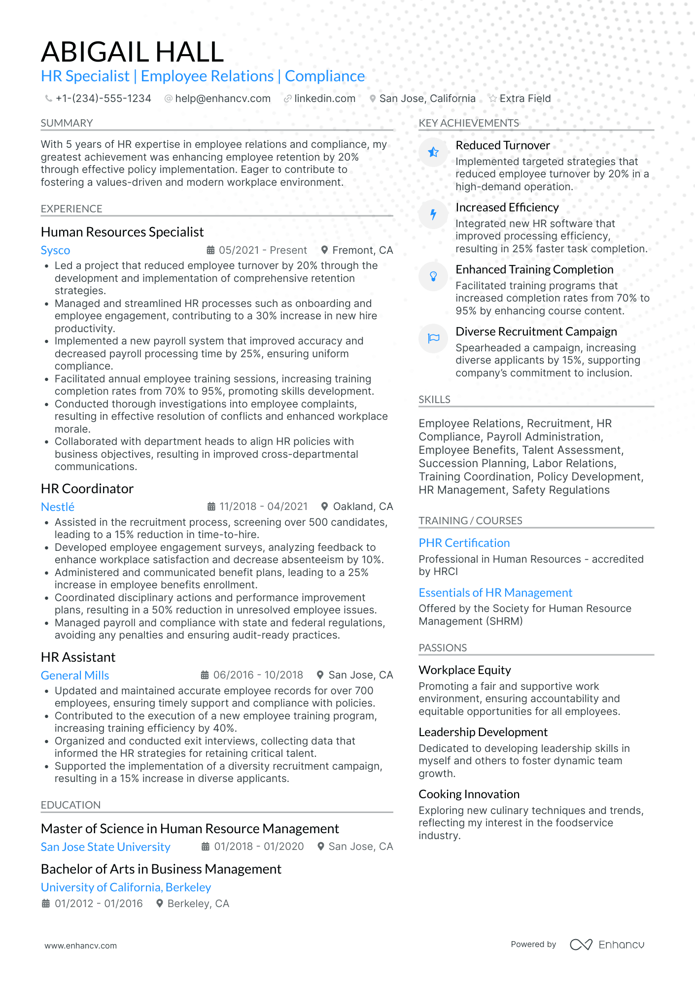 HR Generalist Coordinator Resume Example