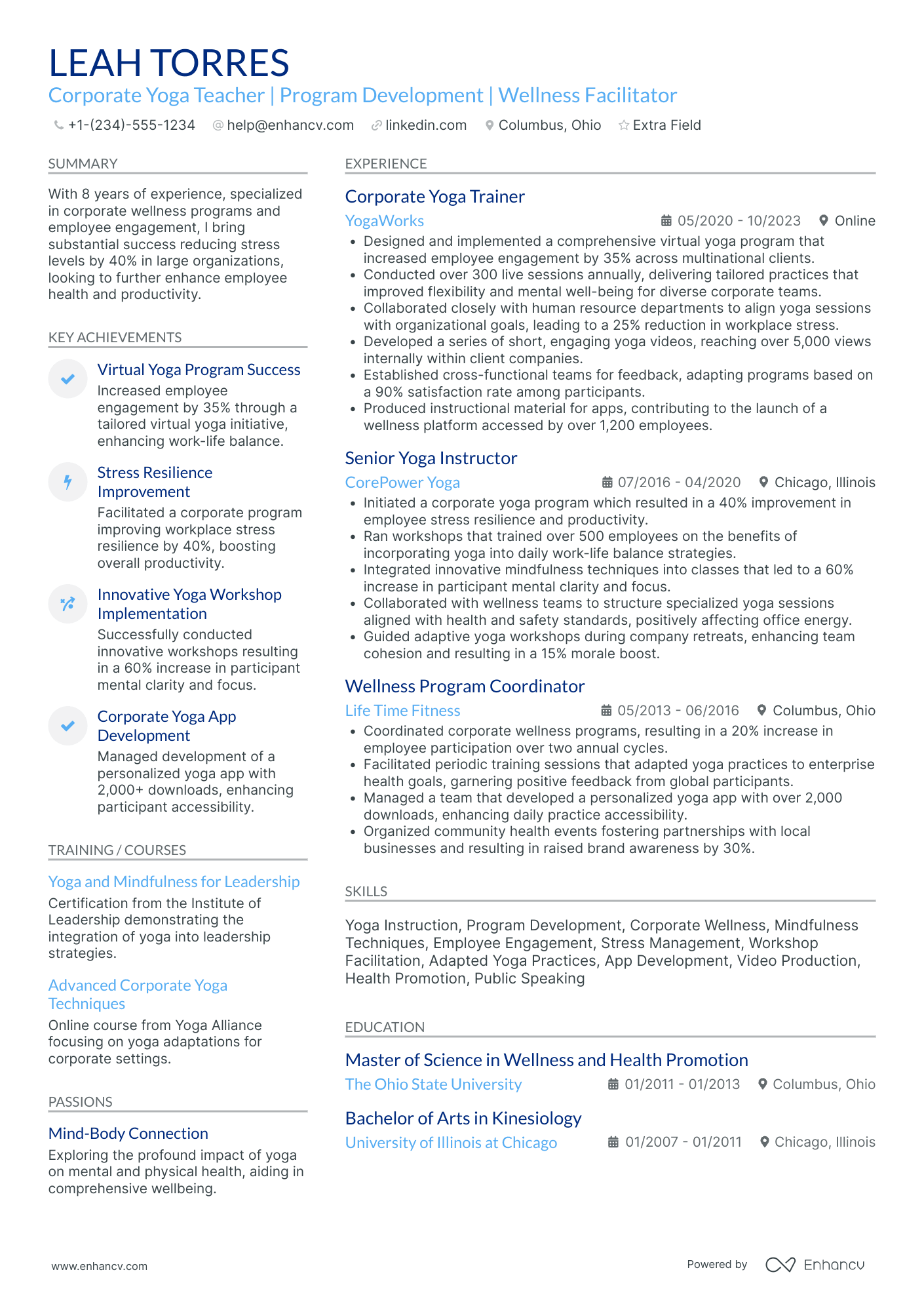 Corporate Yoga Teacher Resume Example