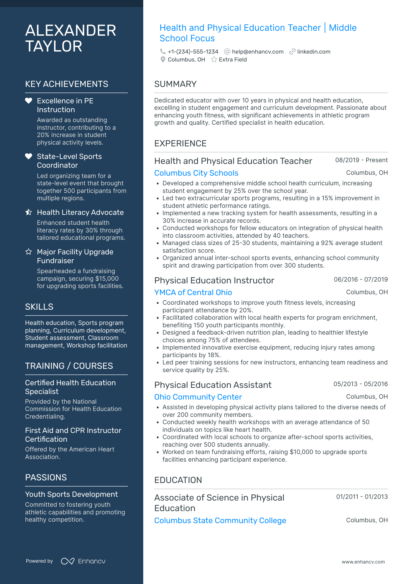 Physical Education and Health Teacher Resume Example