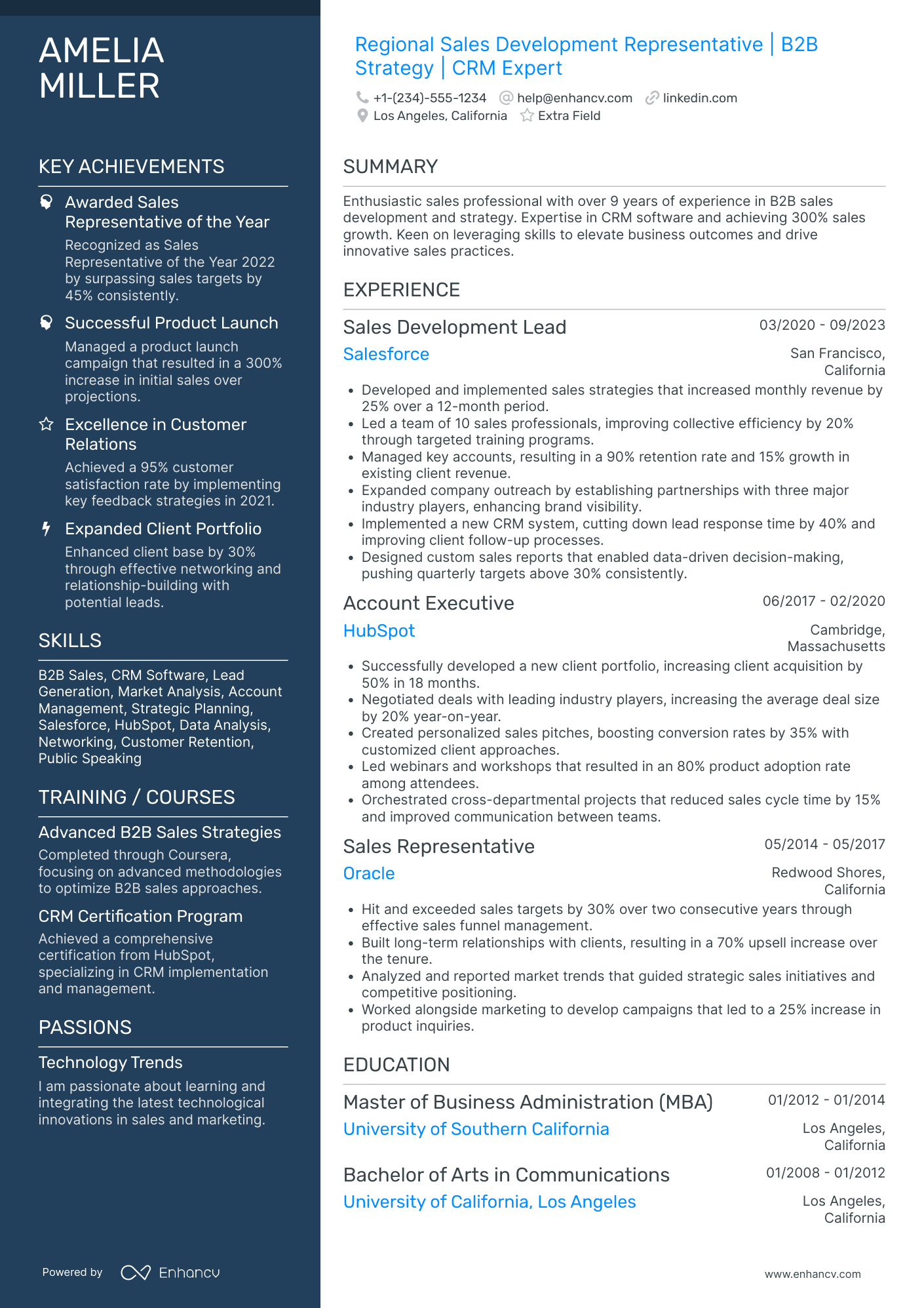 Regional Sales Development Representative Resume Example