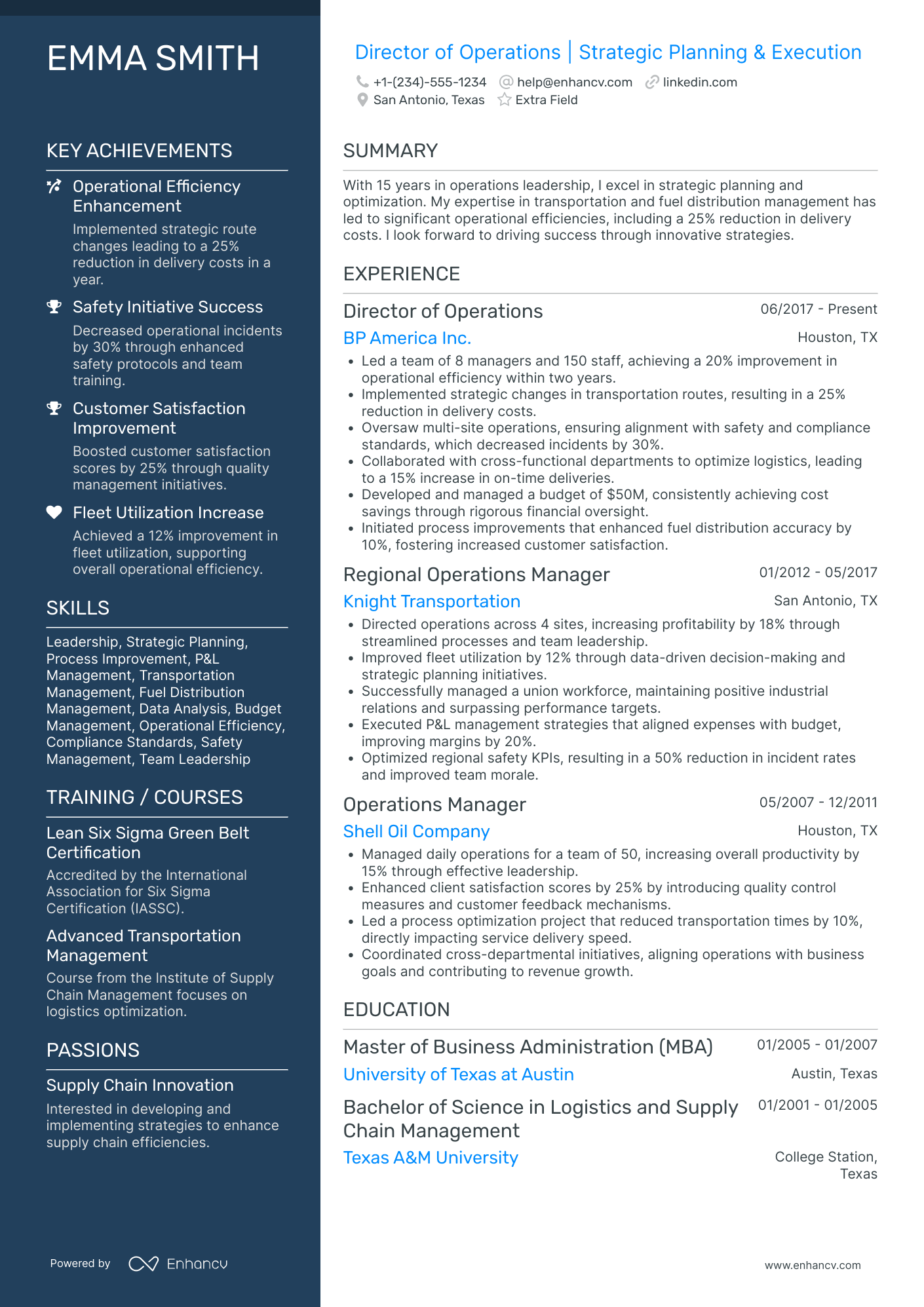 Managing Director of Operations Resume Example