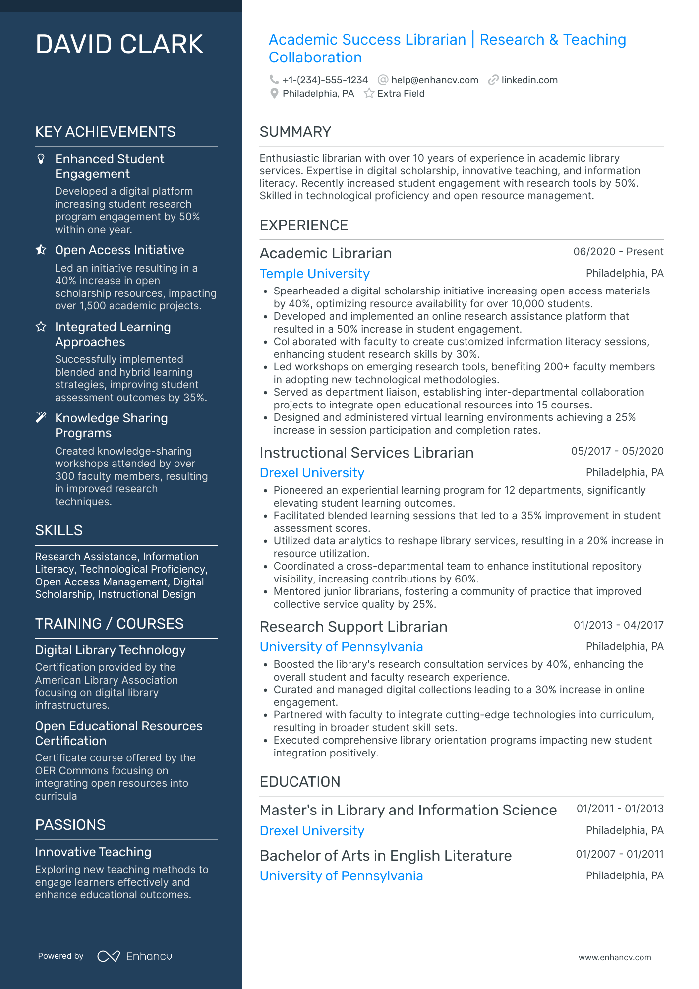 Academic Librarian Resume Example