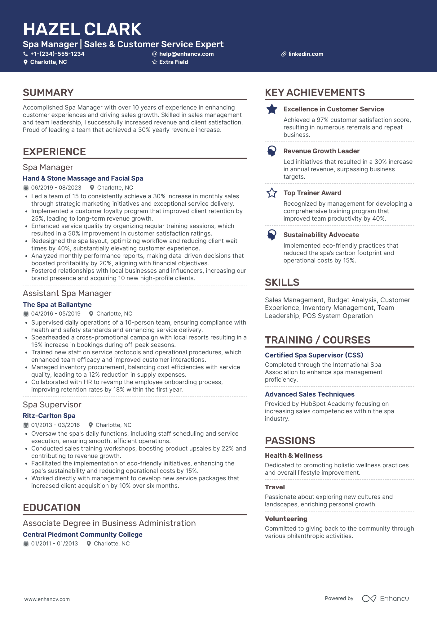 Corporate Spa Manager Resume Example