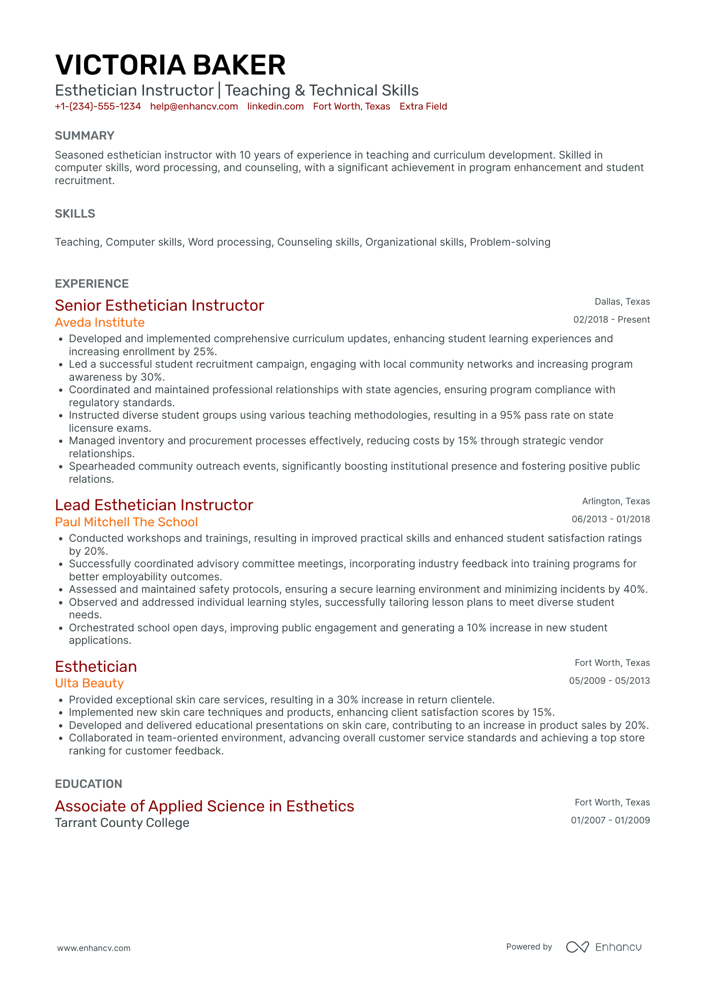 Esthetician Instructor Resume Example