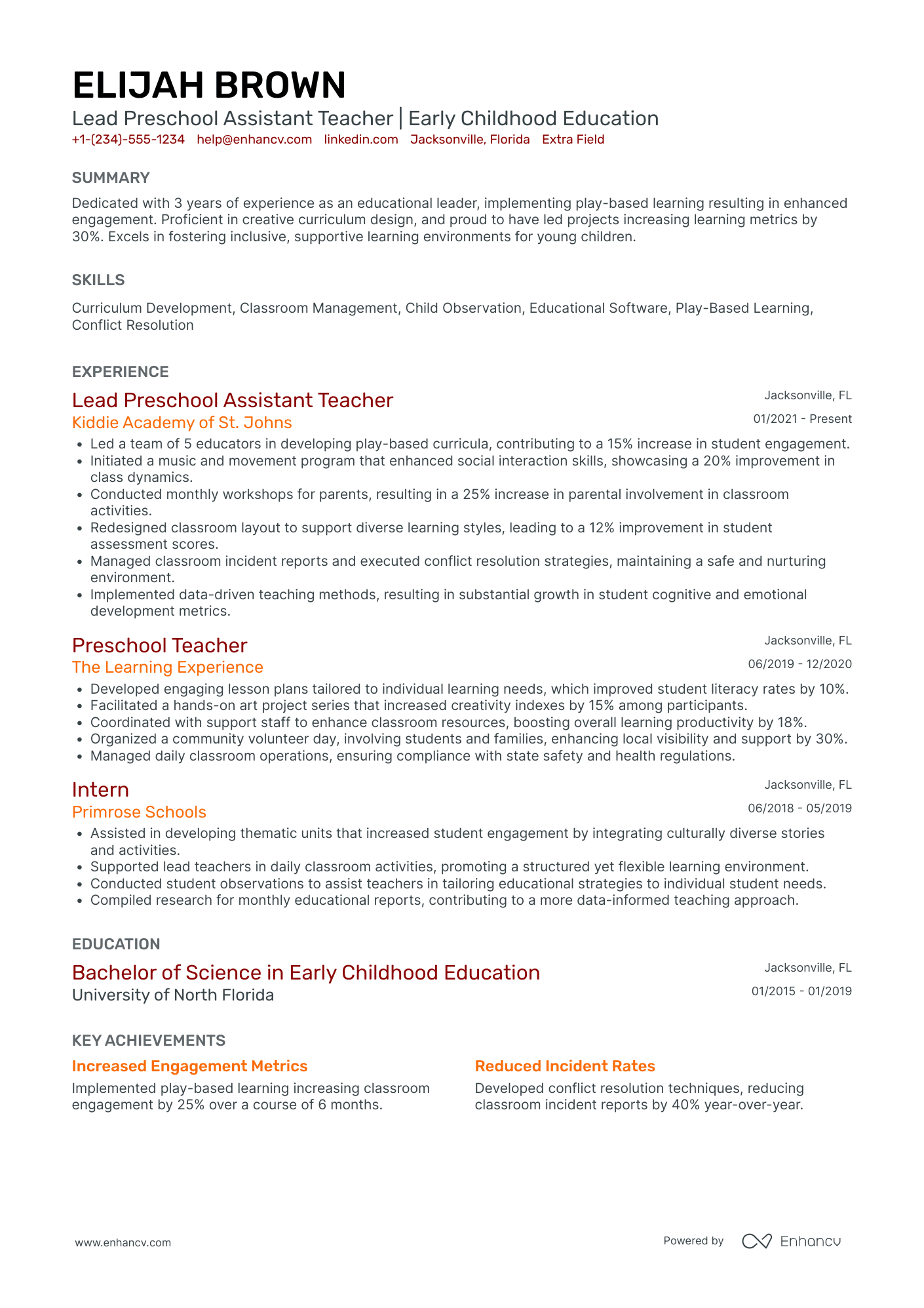 Lead Preschool Assistant Teacher Resume Example