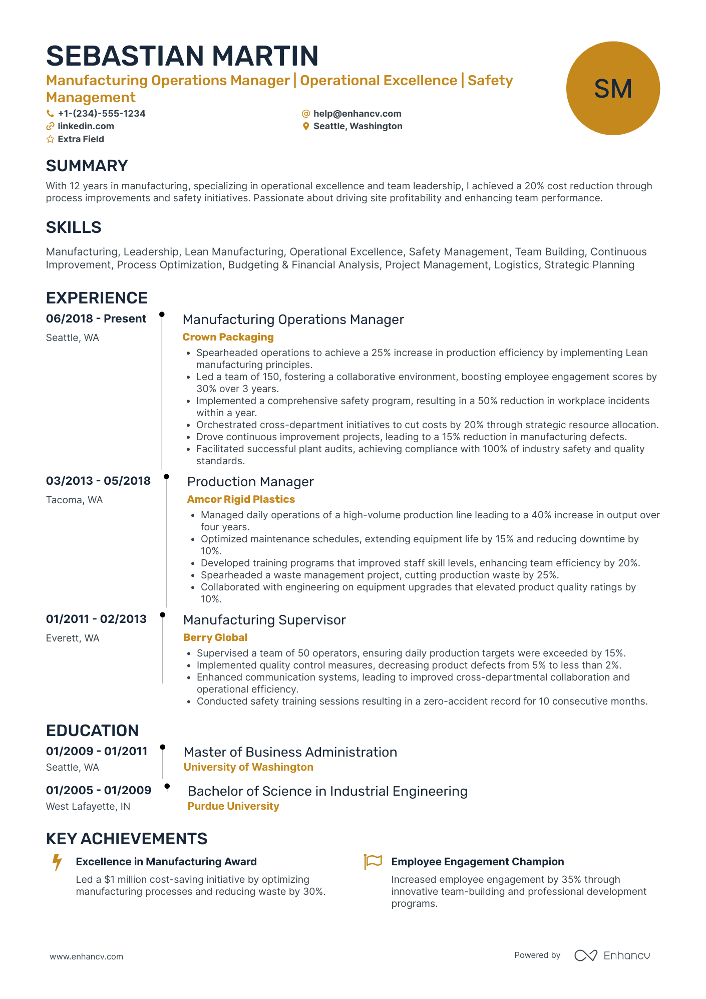 Manufacturing Operations Manager Resume Example