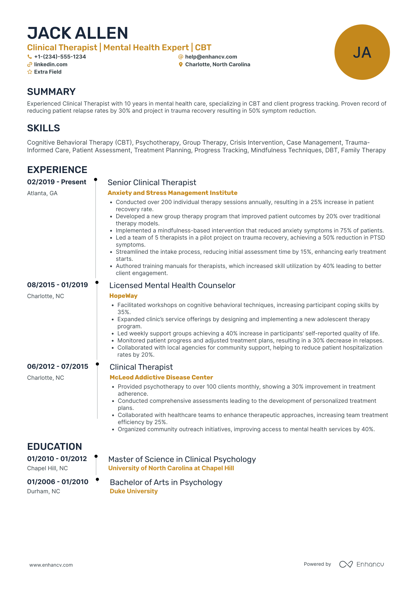 Clinical Therapist Resume Example