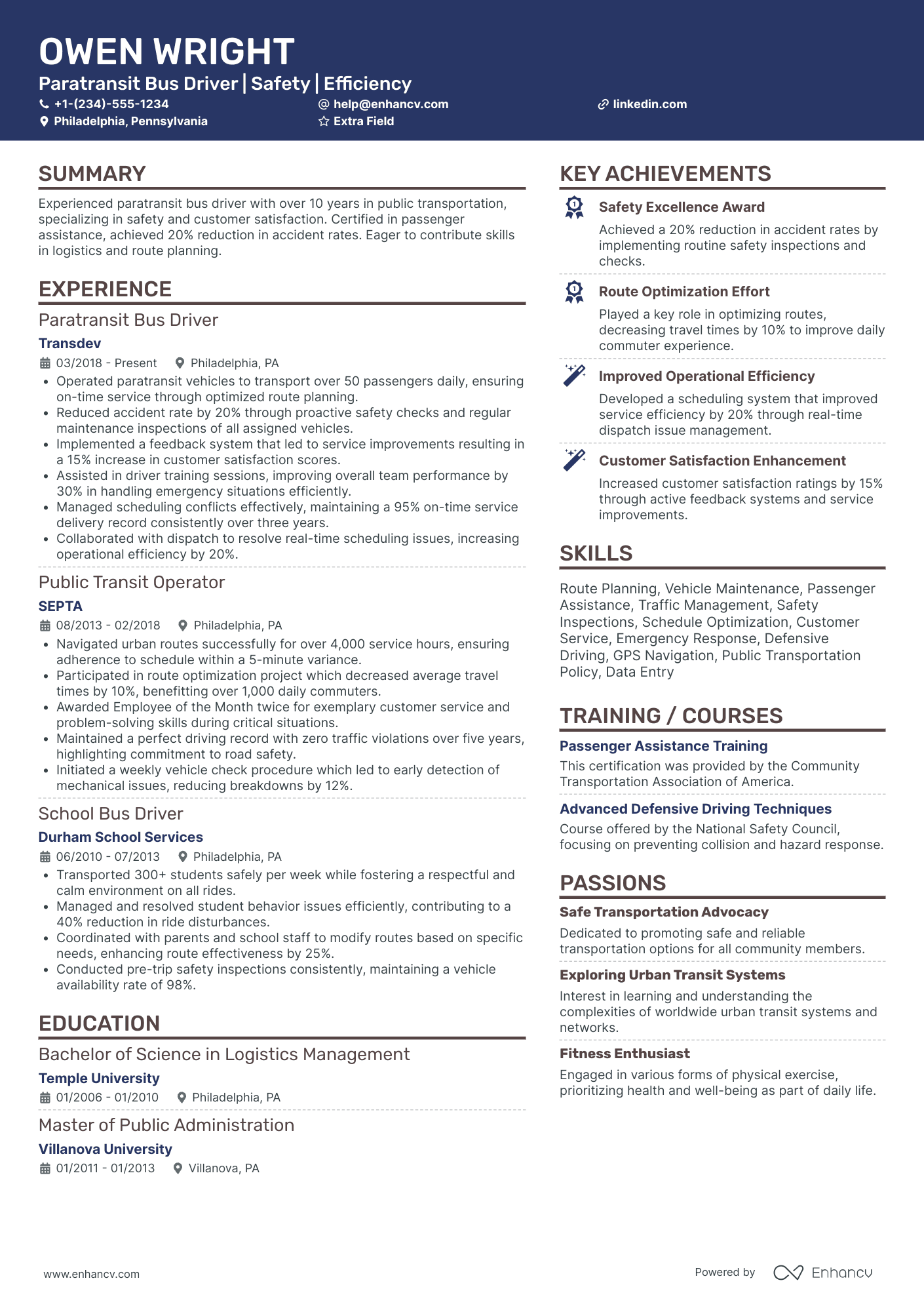 Paratransit Bus Driver Resume Example