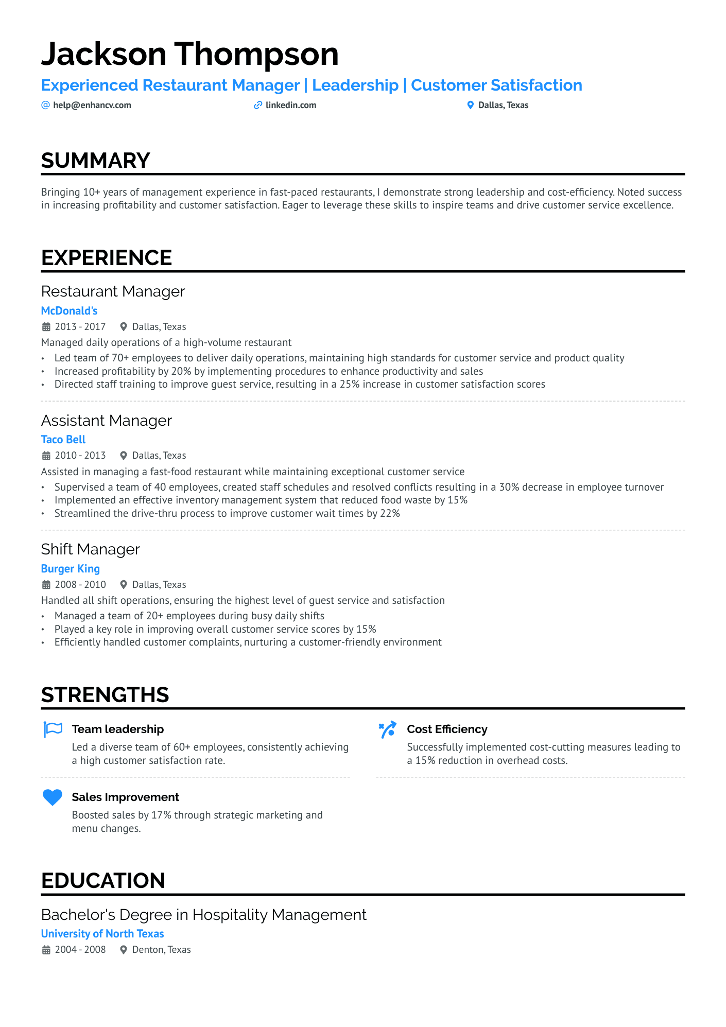 Restaurant Business Owner Resume Example