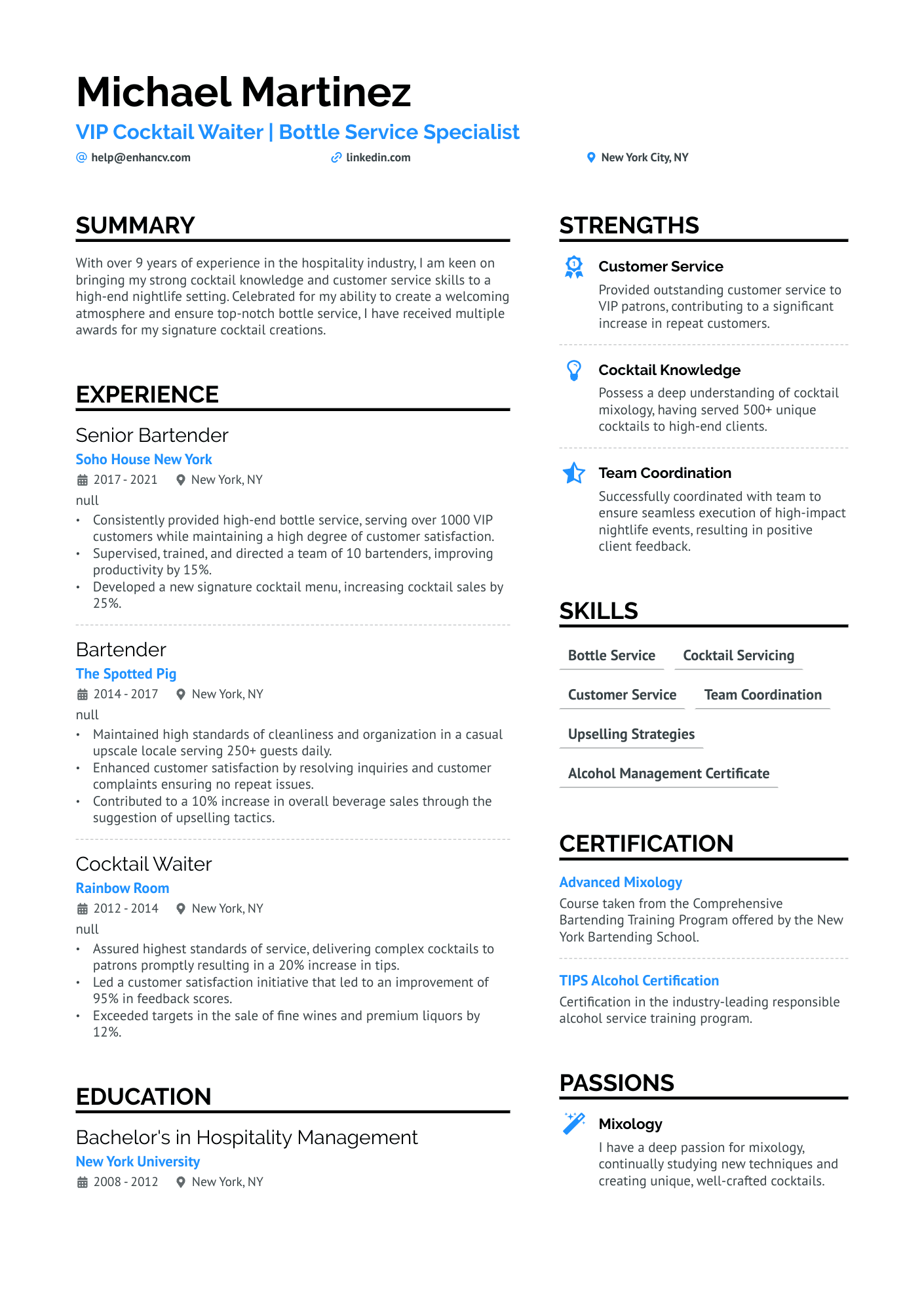 Bottle Service Waitress Resume Example