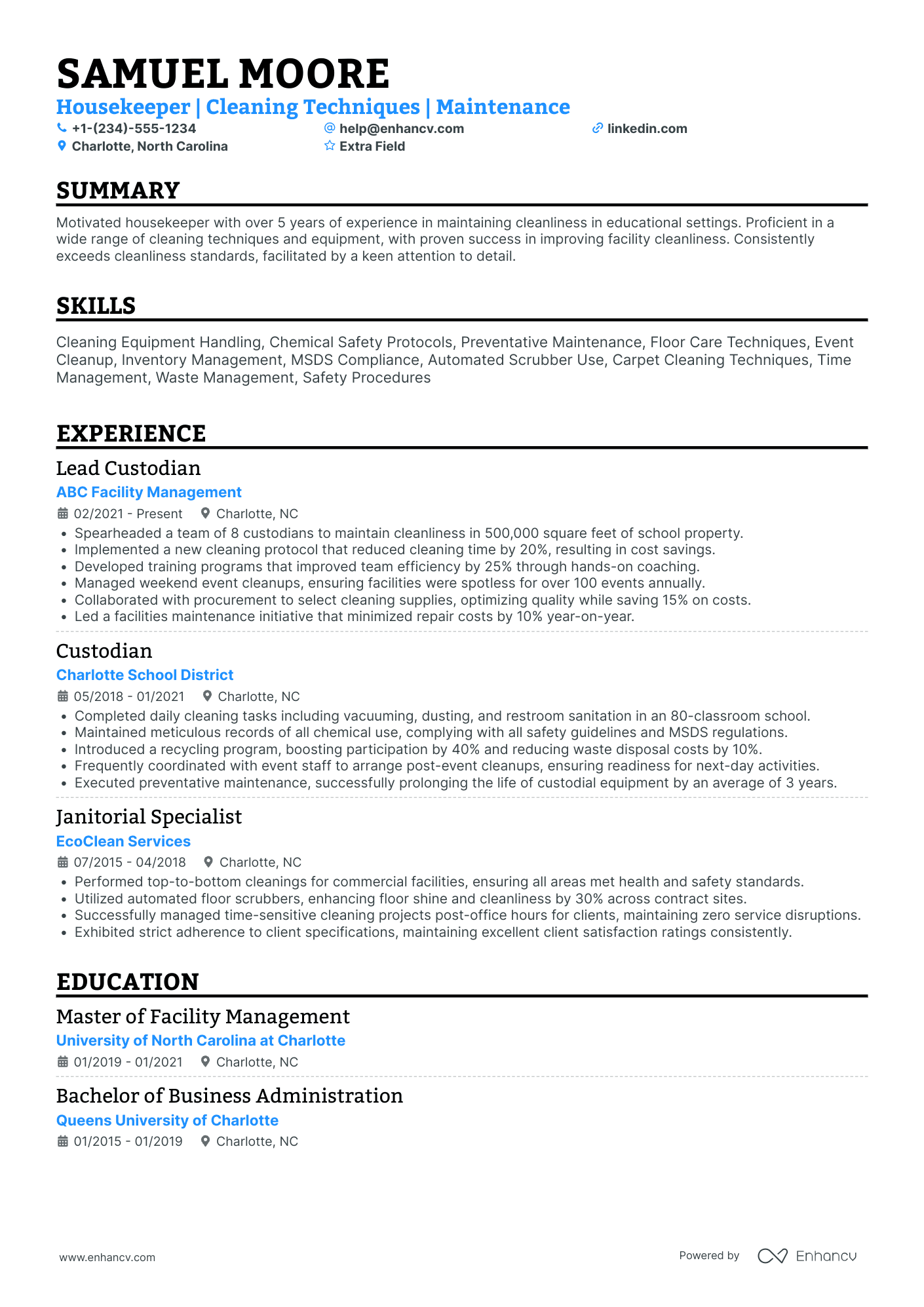 School Housekeeper Resume Example