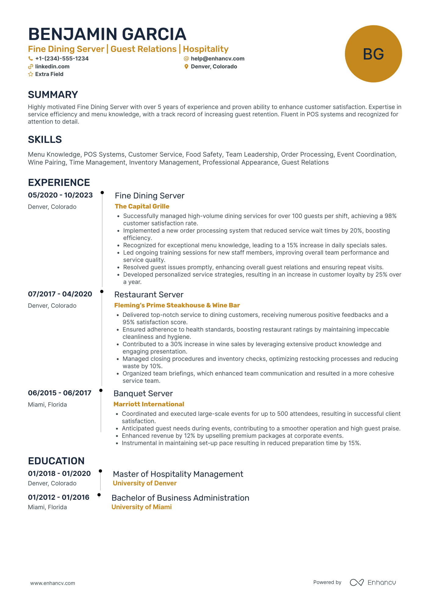 Fine Dining Server Manager Resume Example