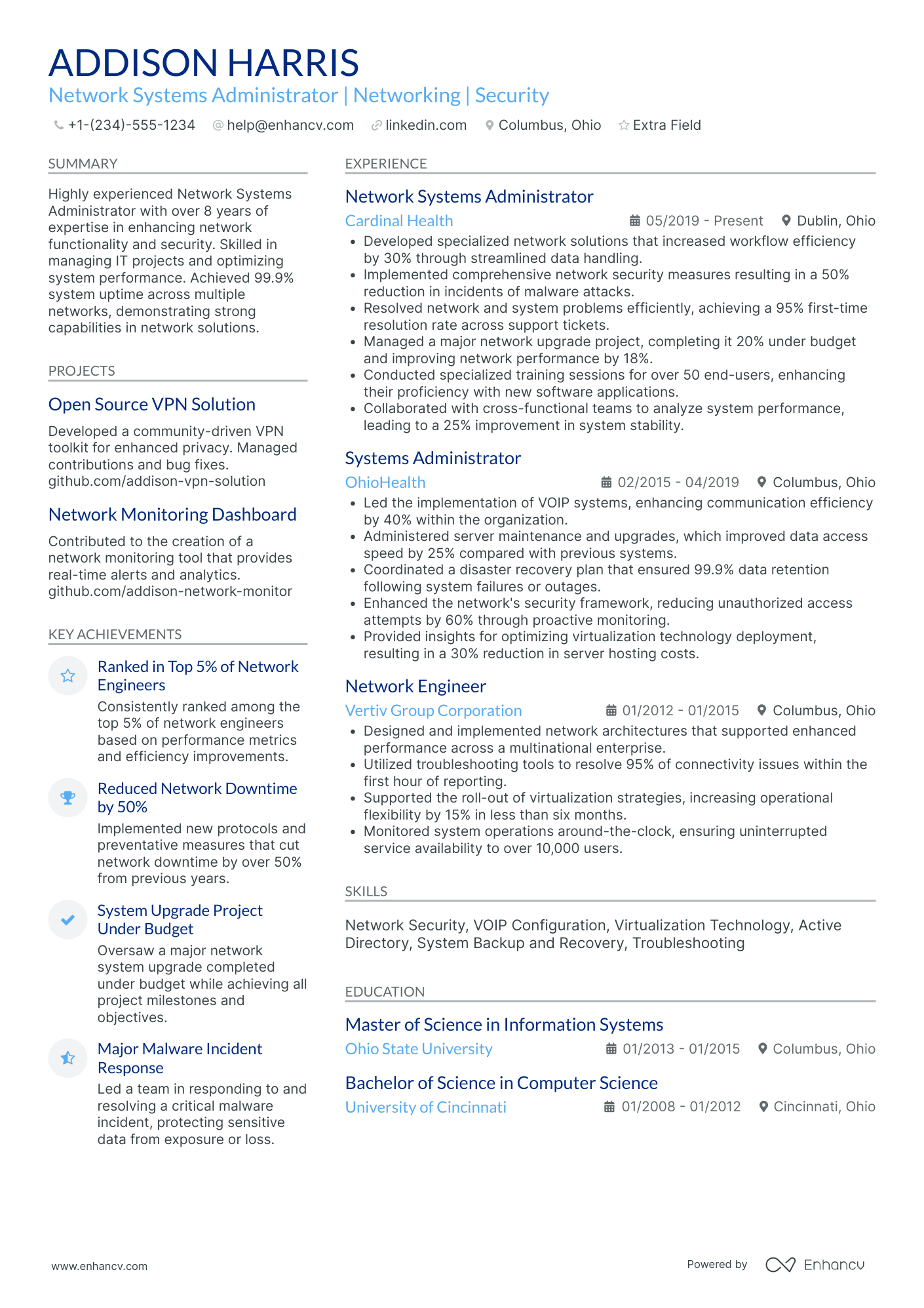 Network Systems Administrator Resume Example