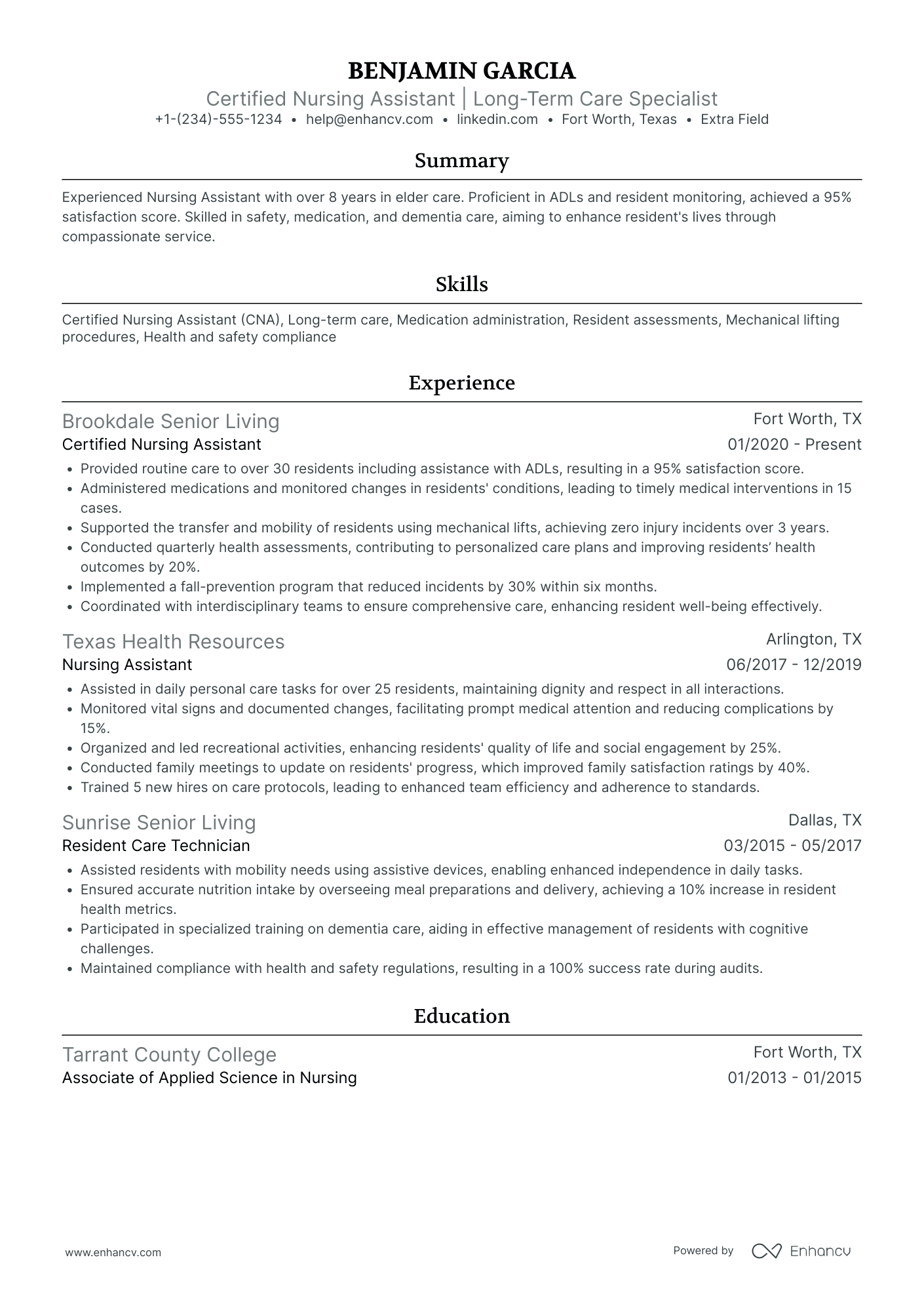 Long Term Care Nursing Assistant Resume Example