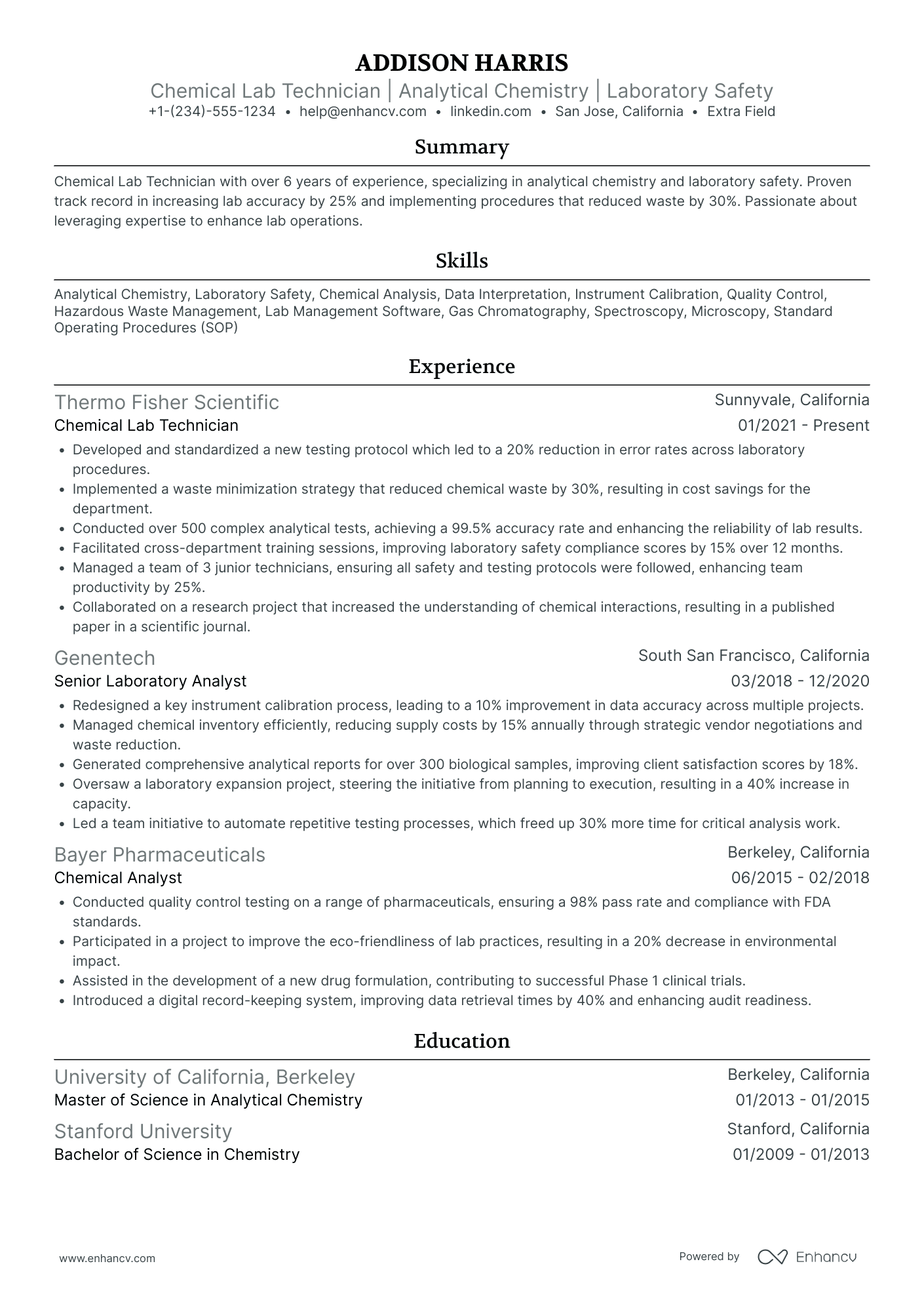 Chemical Lab Technician Resume Example