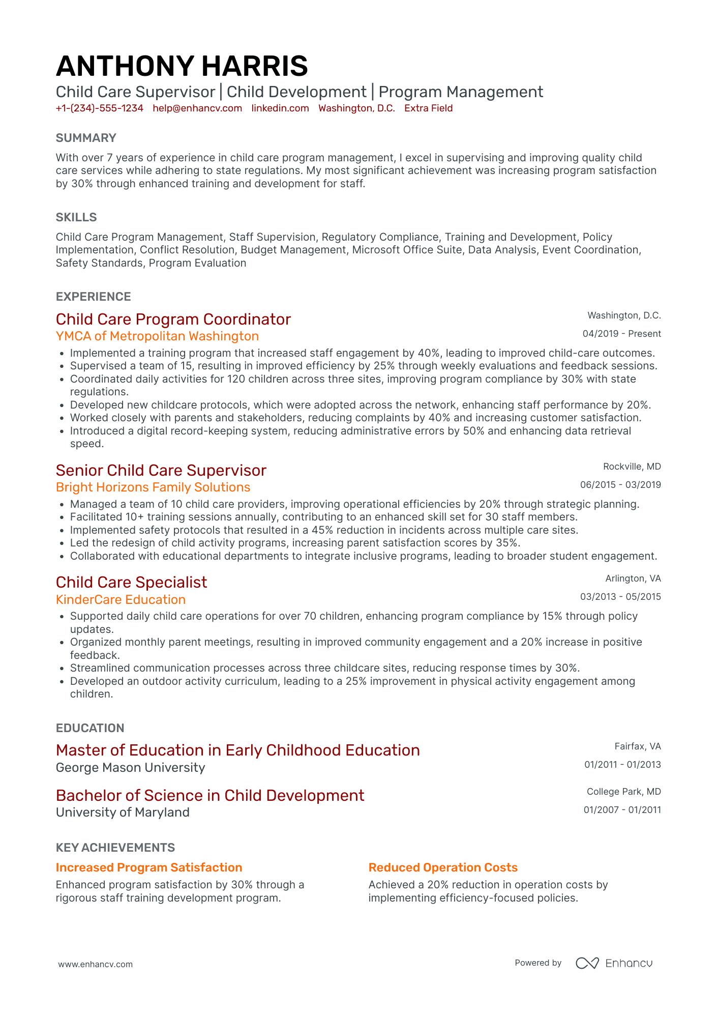 Child Care Supervisor Resume Example