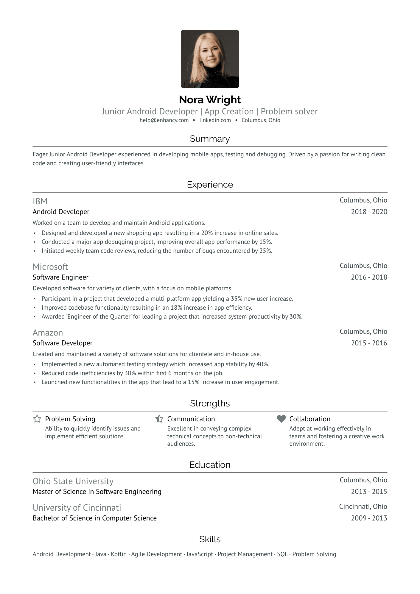 Junior Android Developer Resume Example