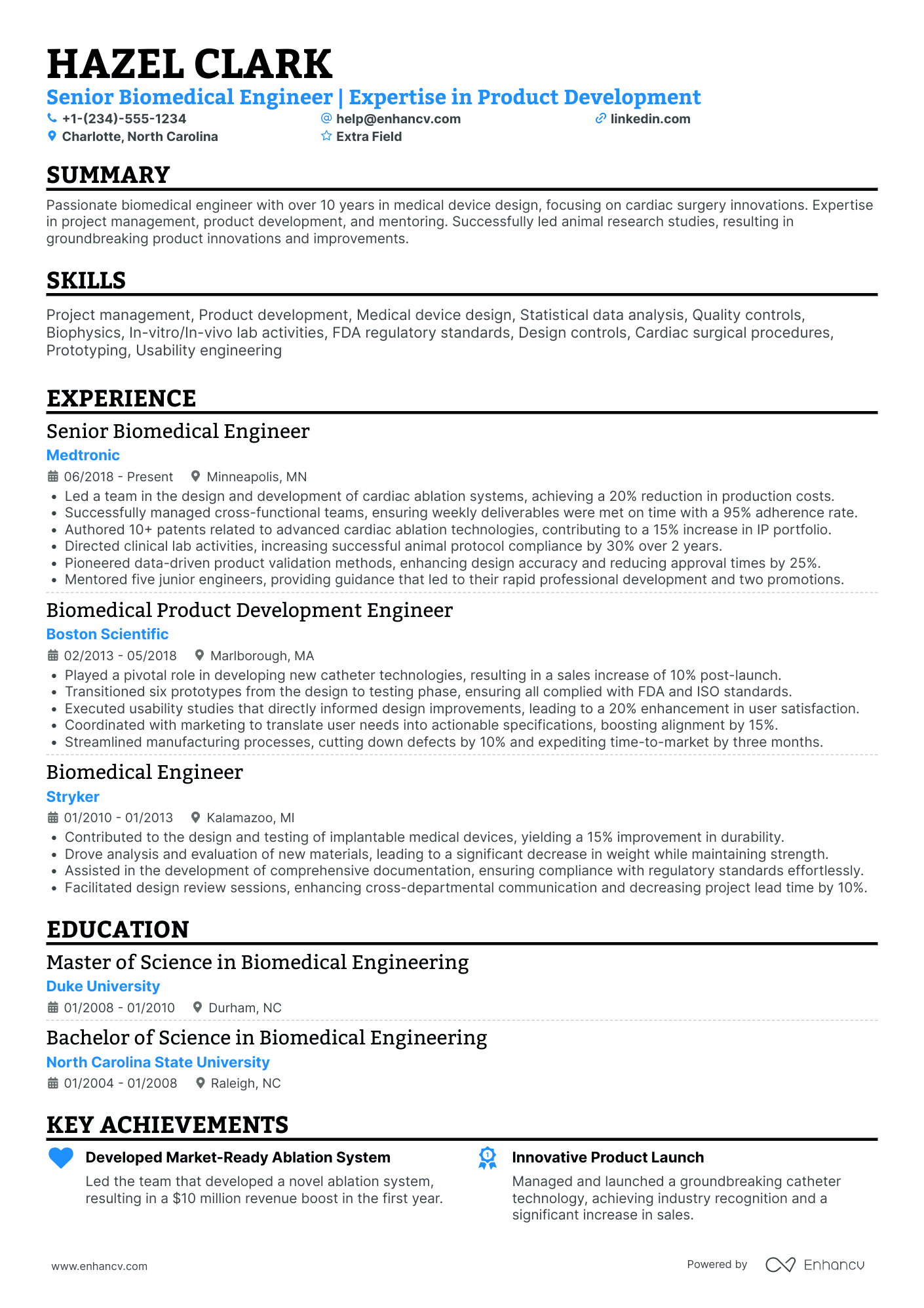 Senior Biomedical Engineer Resume Example