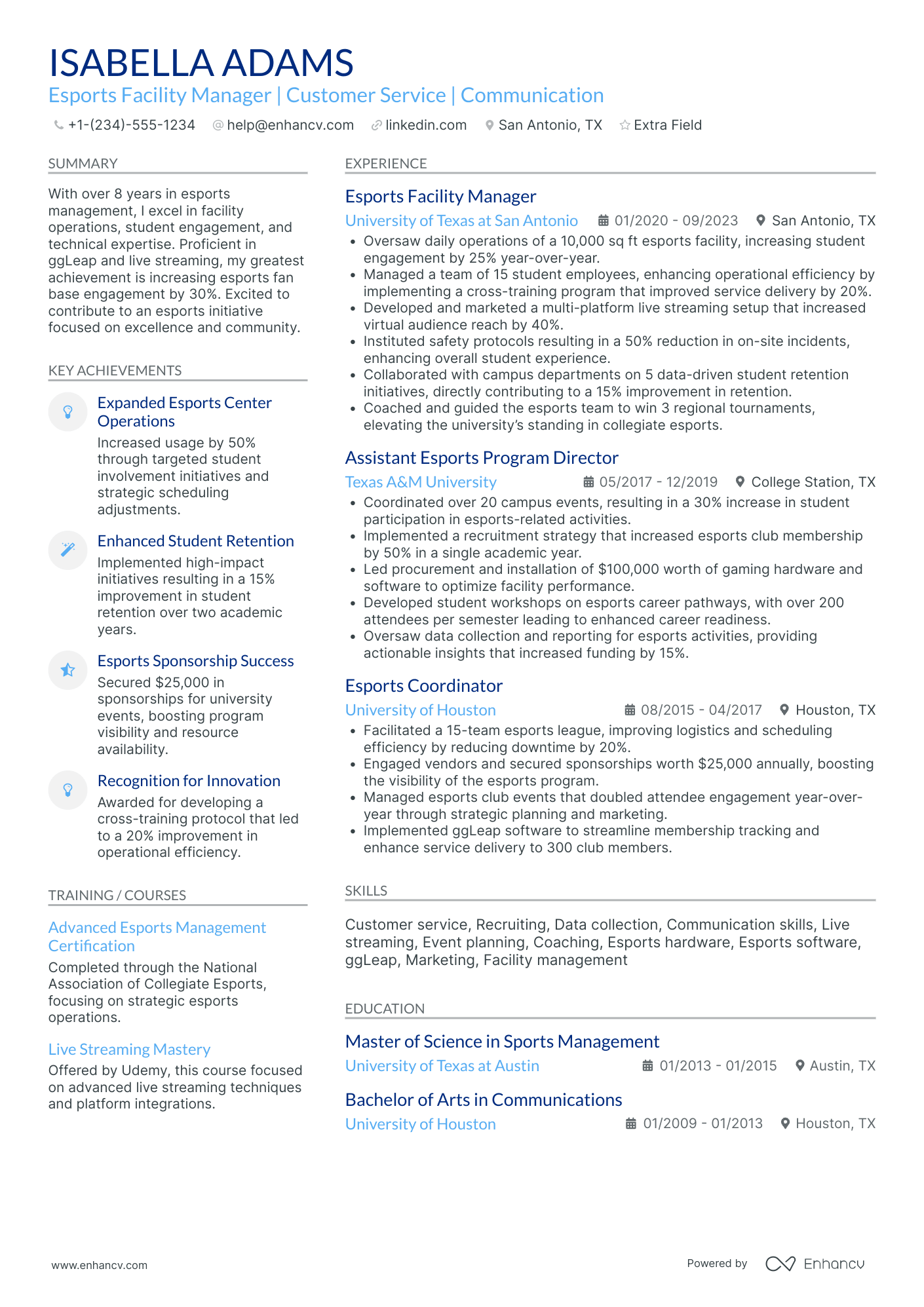 Sports Facility Manager Resume Example