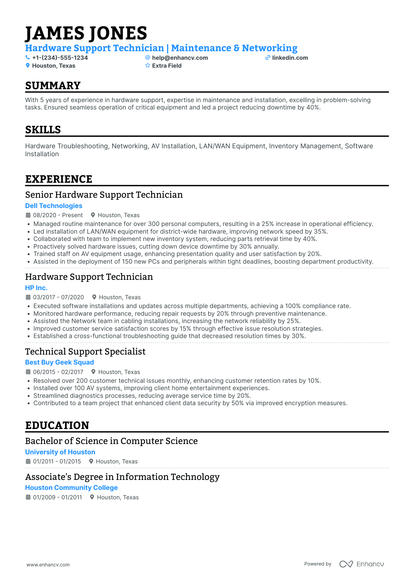 IT Hardware Technician Resume Example