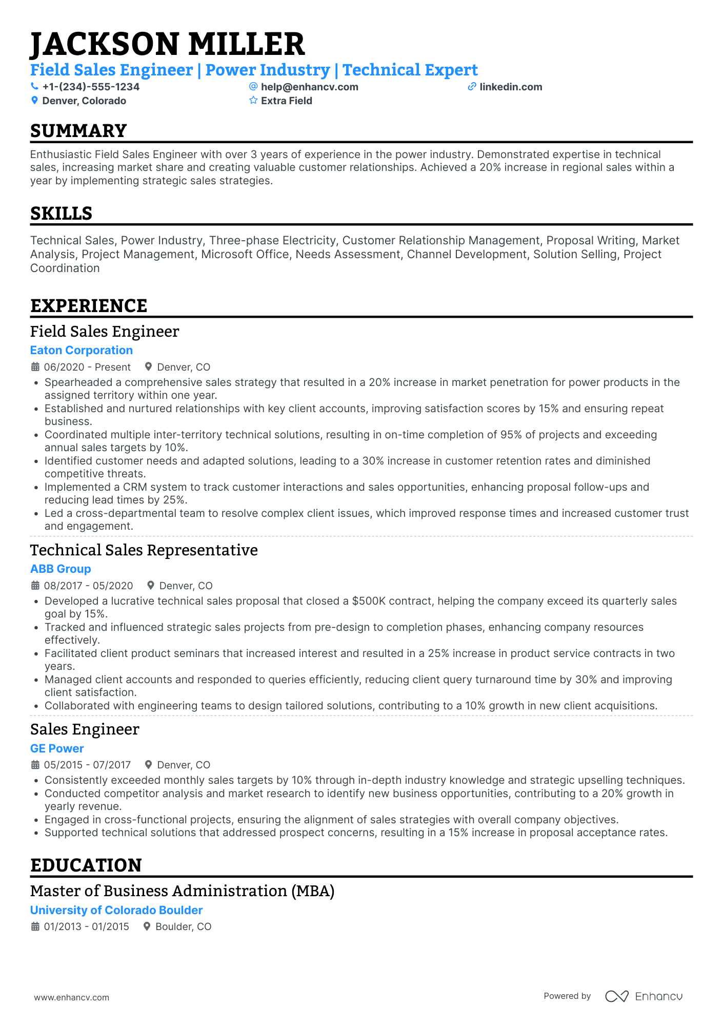 Field Sales Engineer Resume Example