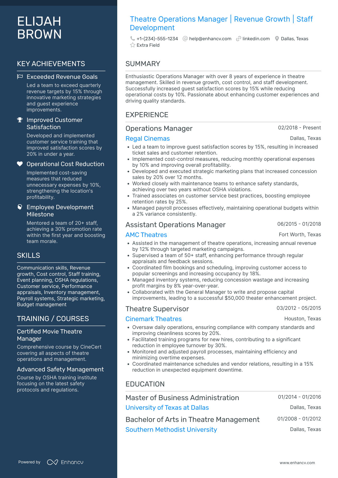 Theater Operations Manager Resume Example