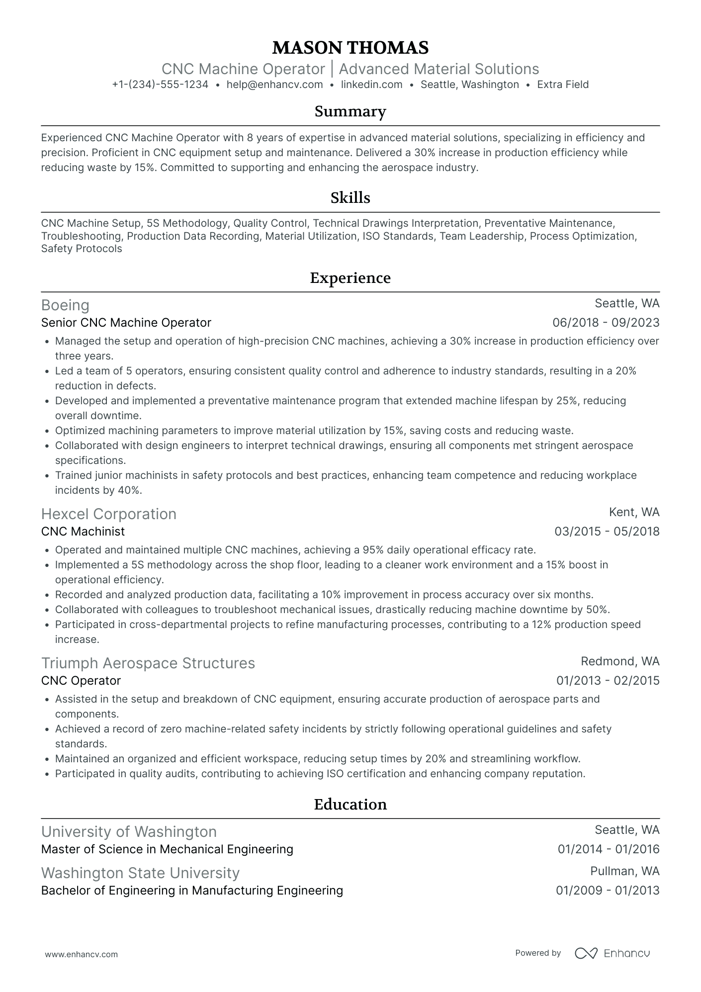 CNC Machine Operator Resume Example