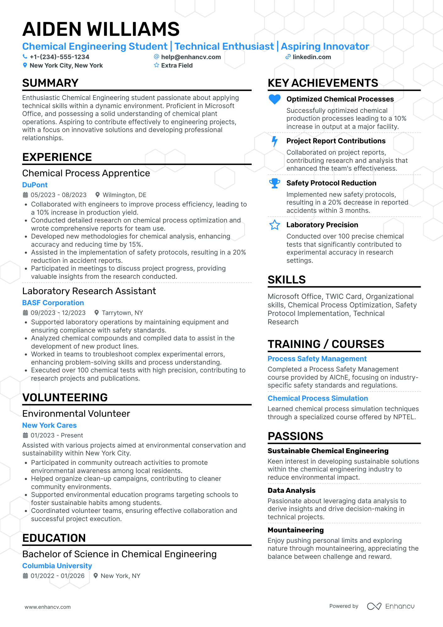 Chemical Engineering Intern Resume Example