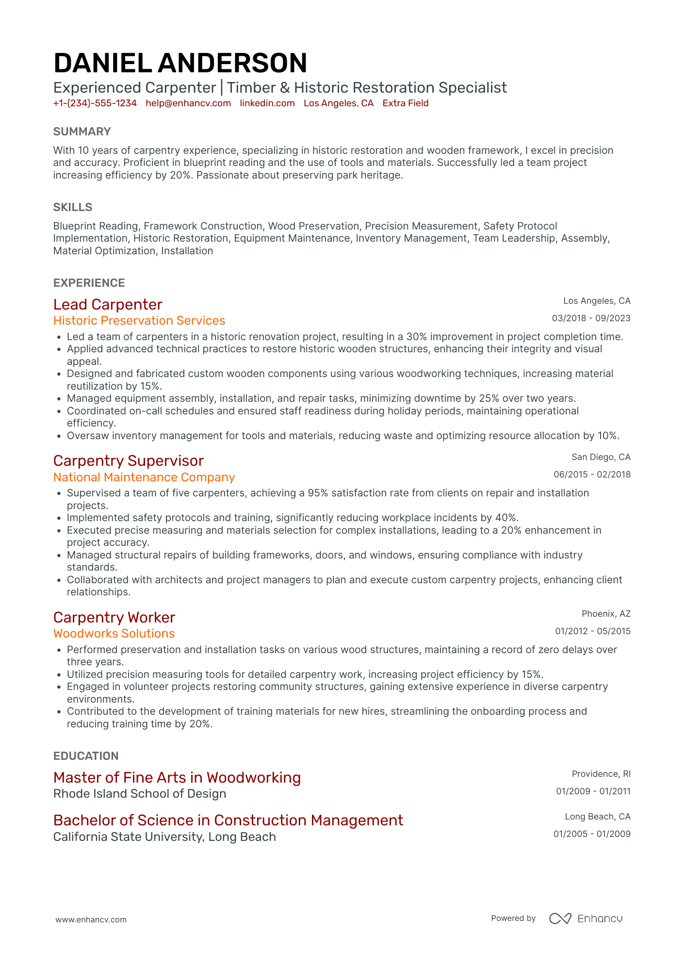 Carpentry Construction Worker Resume Example