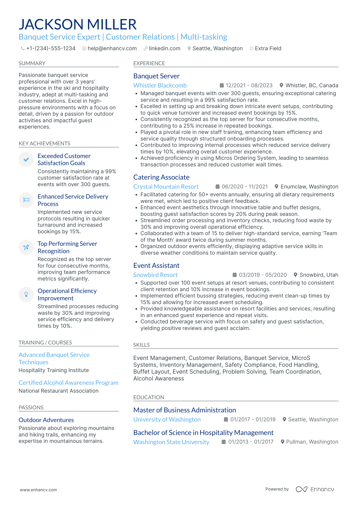 Banquet Server Manager Resume Example