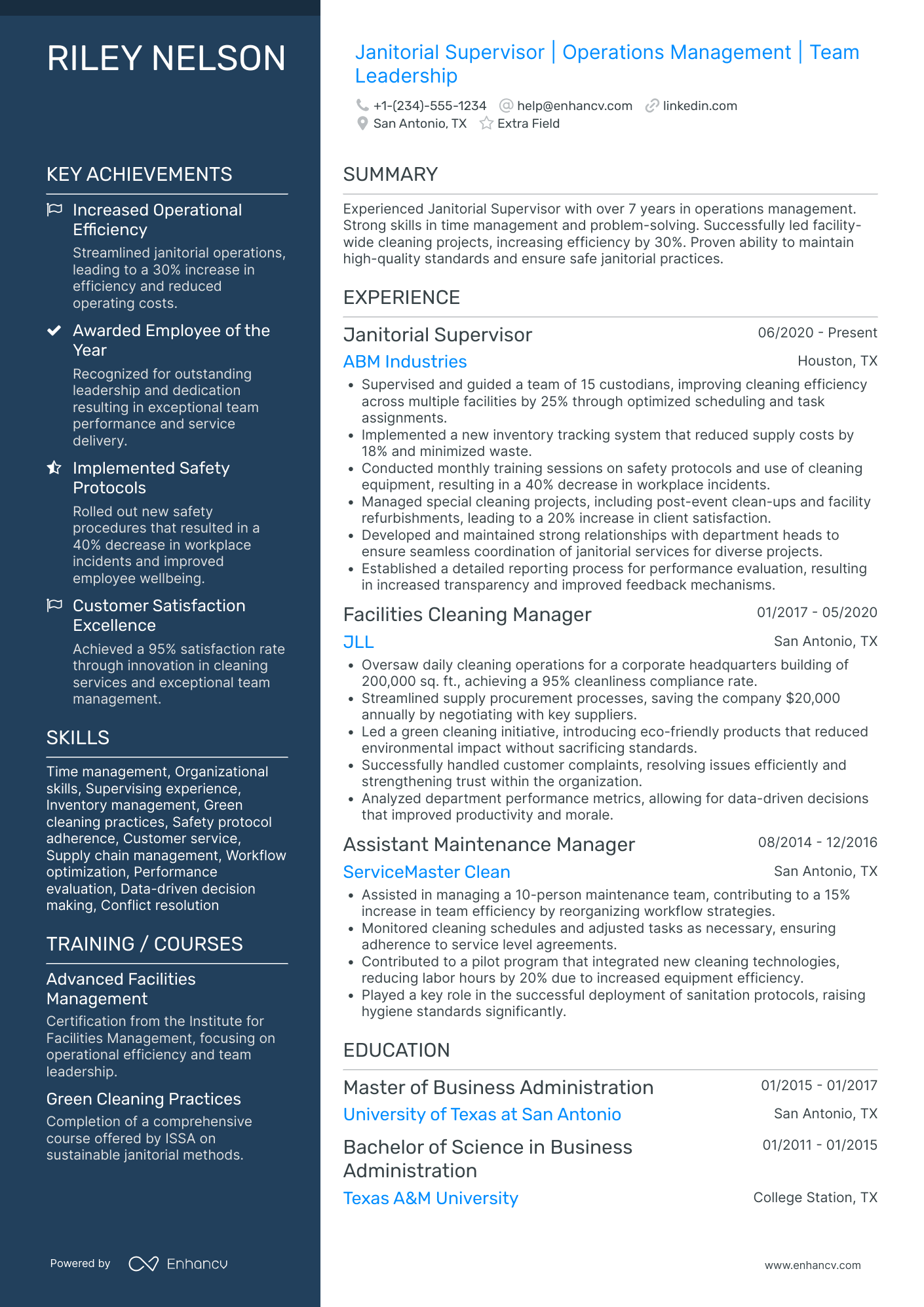 Janitorial Department Head Resume Example