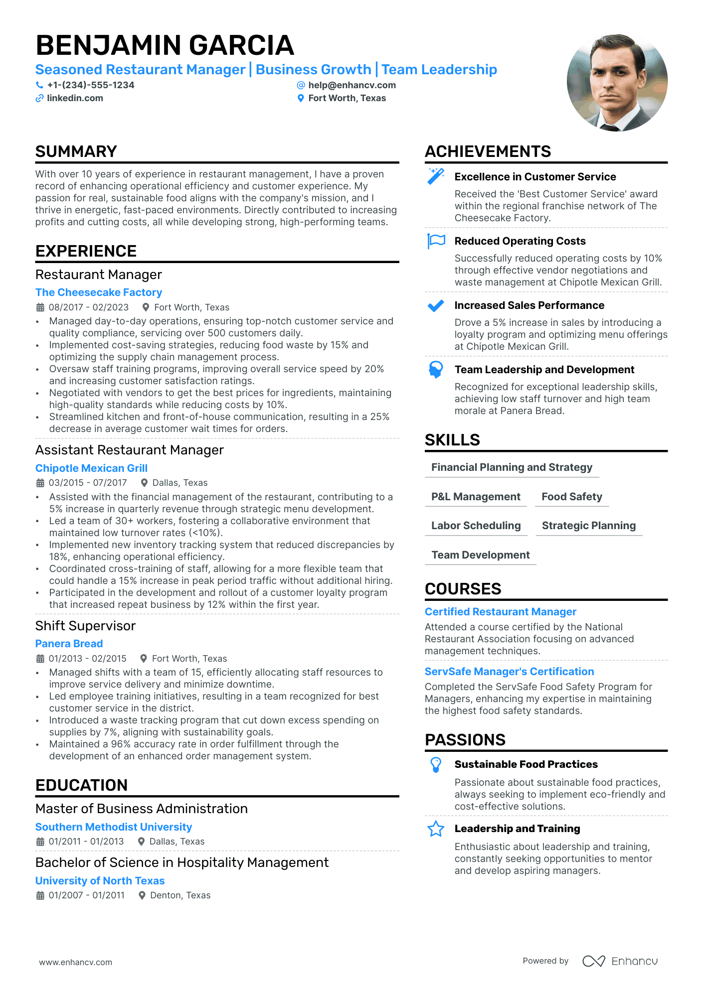 Restaurant General Manager Resume Example