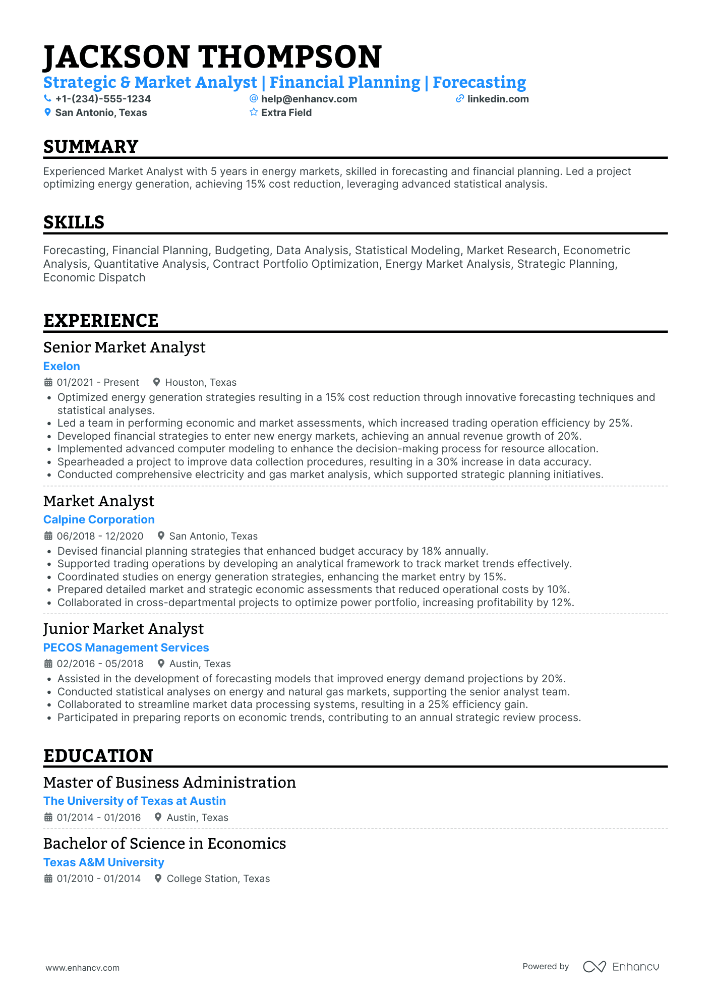 Financial Market Analyst Resume Example